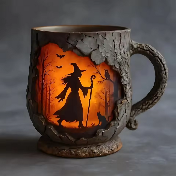 3D Handmade Mug – Witch and Cat Design