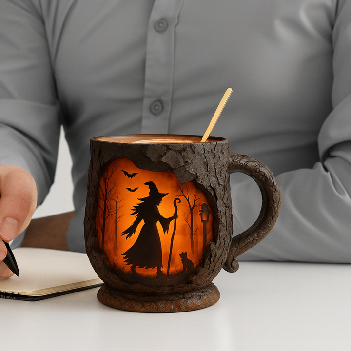 3D Handmade Mug – Witch and Cat Design